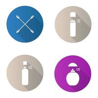 Damenhygieneprodukte. flaches Design lange Schatten Glyphe Icons Set. Parfüm, gekreuzte Ohrstöpsel, Spray-Antitranspirantien. Vektor-Silhouette-Abbildung vektor