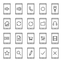 smartphone linjära ikoner set. startsida, spellista, lyssna på musik, nytt dokument, mapp, shopping, redigera, sök, betygsätt, knappar för att stänga av och stänga av ljudet. tunn linje kontursymboler. isolerade vektorillustrationer vektor