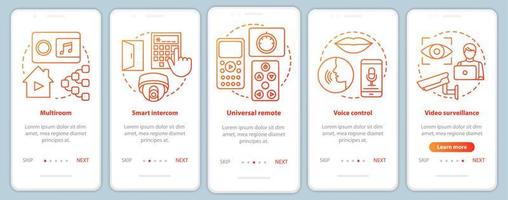 smart hem onboarding mobil app sidskärm vektor mall. automationssystem för säkerhet och komfort. genomgång av webbplatssteg med linjära illustrationer. ux, ui, gui smartphone gränssnitt koncept
