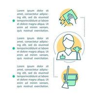 Reinigungsservice Artikelseite Vektorvorlage. Haushaltshilfe. Broschüre, Magazin, Broschürengestaltungselement mit linearen Symbolen und Textfeldern. Druckdesign. Konzeptillustrationen mit Textraum vektor