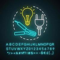 Symbol für das Konzept des elektrischen Service-Neonlichts. Idee für den Heimservice. Steckdose reparieren. Beleuchtung und elektrische Lampen fix. leuchtendes Schild mit Alphabet, Zahlen und Symbolen. isolierte Vektorgrafik vektor