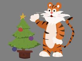 Tigerfiguren in der Nähe des Weihnachtsbaums. flach neu vektor