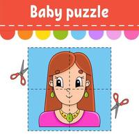 Baby-Puzzle. leichtes Niveau. Flash-Karten. schneiden und spielen. angenehme schöne Frau. Arbeitsblatt zur Farbaktivität. Spiel für Kinder. Zeichentrickfigur. vektor