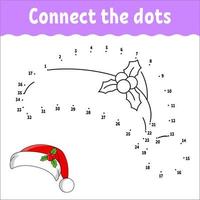 Punkt-zu-Punkt-Spiel. zeichne eine Linie. Weihnachtsmann-Pelzmütze mit Stechpalme. für Kinder. Aktivität Arbeitsblatt. Malbuch. mit Antwort. Zeichentrickfigur. vektor