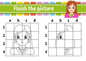 beende das Bild. Malbuchseiten für Kinder. Arbeitsblatt zur Bildungsentwicklung. Spiel für Kinder. Handschrift üben. Zeichentrickfigur. Vektor-Illustration. vektor