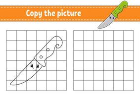 kopiere das Bild. Messer. Malbuchseiten für Kinder. Arbeitsblatt zur Bildungsentwicklung. Spiel für Kinder. Handschrift üben. Catoon-Charakter. vektor