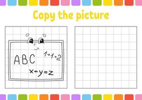 kopiera bilden. målarboksidor för barn. utbildningsutvecklande arbetsblad. spel för barn. tillbaka till skolan. övning i handstil. rolig karaktär. söt tecknad vektorillustration. vektor