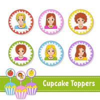 Cupcake-Topper. Satz von sechs runden Bildern. schöne lächelnde Mädchen. Zeichentrickfiguren. süßes Bild. für Geburtstag, Party, Babyparty. vektor