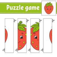 Puzzle-Spiel für Kinder. beere erdbeere. schneiden praxis. Arbeitsblatt zur Bildungsentwicklung. Aktivität Seite. Zeichentrickfigur. vektor