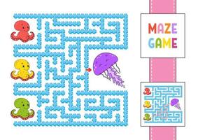 rolig fyrkantig labyrint. spel för barn. pussel för barn. labyrint gåta med karaktär. bläckfisk och maneter. färg vektor illustration. hitta rätt väg. med svar.