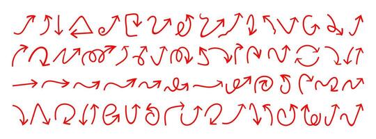 Hand gezeichnet verschiedene gebogen rot Pfeil Linien. einstellen von Vektor Pfeil Symbole mit Scharf Ecken. Gliederung Richtung Zeichen.