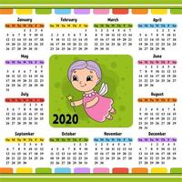 älva gudmor flyger och håller ett trollspö. kalender för 2020 med en söt karaktär. rolig och ljus design. isolerade färg vektor illustration. tecknad stil.