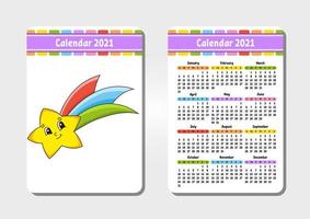 kalender för 2021 med en söt karaktär. fallande stjärna. fickstorlek. rolig och ljus design. färg isolerade vektorillustration. tecknad stil. vektor