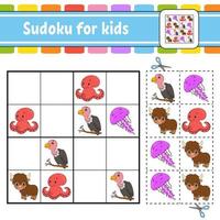 Sudoku für Kinder. Arbeitsblatt zur Bildungsentwicklung. Aktivitätsseite mit Bildern. Puzzle-Spiel für Kinder. Tiere setzen. isolierte Vektor-Illustration. lustiger Charakter. Cartoon-Stil. vektor