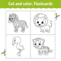 schneiden und färben. Karteikartensatz. Flamingo, Tiger, Löwe, Zebra. Malbuch für Kinder. Zeichentrickfigur. süßes Tier. vektor