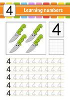 nummer 4. spåra och skriv. övning i handstil. lära sig siffror för barn. utbildningsutvecklande arbetsblad. aktivitetssida. isolerade vektorillustration i söt tecknad stil. vektor