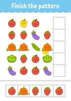 beenden Sie das Muster. schneiden und spielen. Früchte und Gemüse. Arbeitsblatt zur Bildungsentwicklung. Aktivität Seite. Zeichentrickfigur. vektor