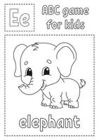 bokstaven e är för elefant. abc-spel för barn. alfabetet målarbok. tecknad figur. ord och bokstav. vektor illustration.
