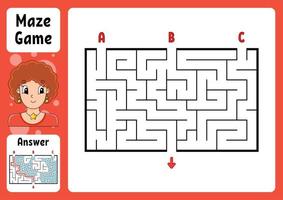 rechteckiges Labyrinth. Spiel für Kinder. drei Eingänge, ein Ausgang. Puzzle für Kinder. Labyrinth Rätsel. Farbe-Vektor-Illustration. den richtigen Weg finden. mit Antwort. Zeichentrickfigur. Arbeitsblatt Bildung. vektor