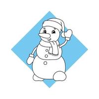 Weihnachtsschneemann mit Hut und Schal winken. Schwarz-Weiß-Malvorlagen für Kinder. süße Zeichentrickfigur. Flache Vektor-isolierte Darstellung. vektor