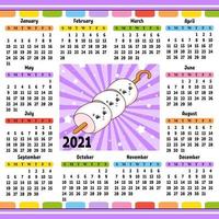 kalender för 2021 med en söt karaktär. rolig och ljus design. isolerade färg vektor illustration. tecknad stil.