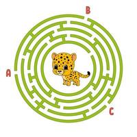 Kreis Labyrinth. Spiel für Kinder. Puzzle für Kinder. rundes Labyrinth-Rätsel. Farbvektorillustration. finde den richtigen Weg. Bildungsarbeitsblatt. vektor