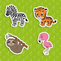 uppsättning av ljusa färger klistermärken. brun sengångare. orange tiger. glad zebra. rosa flamingo. söta seriefigurer. vektor illustration isolerad på färgbakgrund. vilda djur.