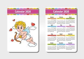 kalender för 2020 med en söt karaktär. fickstorlek. rolig och ljus design. isolerad vektor illustration. tecknad stil.