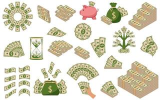 Geld. Grün Dollar Banknoten Haufen. bündeln mit Kasse Rechnungen. eben Vektor Karikatur Geld Illustration. Objekte isoliert auf ein Weiß Hintergrund.