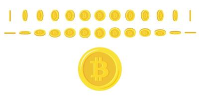 bitcoin mynt roterande. uppsättning av rotation guld mynt på annorlunda vinklar för animation. platt vektor illustration.