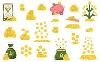 bitcoin. stack av guld mynt. gyllene mynt lugg, pengar stackar och guld högar. faller mynt, faller pengar, flygande guld mynt. vektor