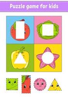 Puzzle-Spiel für Kinder. schneiden praxis. Früchte und Gemüse. Arbeitsblatt zur Bildungsentwicklung. Aktivität Seite. Zeichentrickfigur. vektor