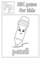 Buchstabe p steht für Pensil. ABC-Spiel für Kinder. Alphabet-Malvorlagen. Zeichentrickfigur. Wort und Buchstabe. Vektor-Illustration. vektor