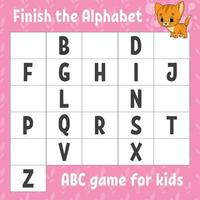 beende das Alphabet. ABC-Spiel für Kinder. Arbeitsblatt zur Bildungsentwicklung. Lernspiel für Kinder. Farbaktivitätsseite. vektor