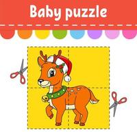 Baby-Puzzle. leichtes Niveau. Flash-Karten. schneiden und spielen. Weihnachtsthema. Arbeitsblatt zur Farbaktivität. Spiel für Kinder. Zeichentrickfigur. vektor