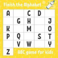 beende das Alphabet. ABC-Spiel für Kinder. Arbeitsblatt zur Bildungsentwicklung. Lernspiel für Kinder. Farbaktivitätsseite. vektor