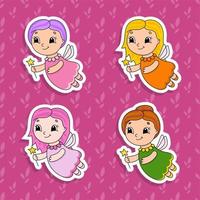 Set von bunten Aufklebern für Kinder. süße Zeichentrickfiguren. Vektor-Illustration auf farbigem Hintergrund isoliert. vektor
