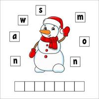 Wörter Rätsel. Schneemann. Arbeitsblatt zur Bildungsentwicklung. Lernspiel für Kinder. Aktivitätsseite. Puzzle für Kinder. Rätsel für die Vorschule. Vektor-Illustration im niedlichen Cartoon-Stil. vektor