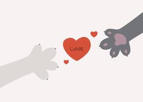 Valentinstag Tag Banner mit Katze Pfoten erreichen zum jeder andere mit ein Herz zwischen Sie vektor