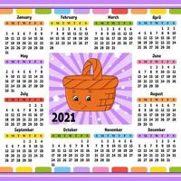 kalender för 2020 med en söt karaktär. rolig och ljus design. isolerade färg vektor illustration. tecknad stil.