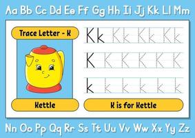 Buchstaben verfolgen. Schreiberfahrung. Tracing-Arbeitsblatt für Kinder. Alphabet lernen. süßer Charakter. Vektor-Illustration. Cartoon-Stil. vektor