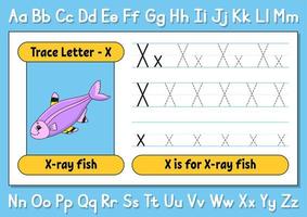 Buchstaben verfolgen. Schreiberfahrung. Tracing-Arbeitsblatt für Kinder. Alphabet lernen. süßer Charakter. Vektor-Illustration. Cartoon-Stil. vektor