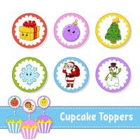 cupcake toppers. uppsättning av sex runda bilder. jultema. seriefigurer. söt bild. för födelsedag, fest, babyshower. vektor