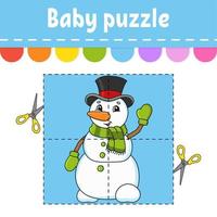 Baby-Puzzle. leichtes Niveau. Flash-Karten. schneiden und spielen. Weihnachtsthema. Arbeitsblatt zur Farbaktivität. Spiel für Kinder. Zeichentrickfigur. vektor