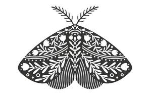 fjäril ikon med blommig prydnad. årgång silhuett av svart och vit mystisk fjäril eller fjäril. flygande himmelsk insekt, vektor illustration