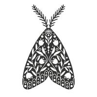 Motte Symbol mit Ornament von Blumen und Blätter. Jahrgang Silhouette von schwarz und Weiß mystisch Motte oder Schmetterling. fliegend himmlisch Insekt, Vektor Illustration