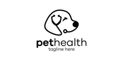 Logo Design kombinieren das gestalten von ein Hund Kopf mit ein Stethoskop, Haustier Gesundheit Logo Design. vektor