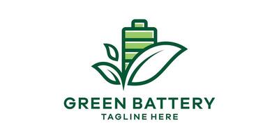 logotyp design kombinerande batteri form med löv, miljömässigt vänlig energi logotyp design. vektor