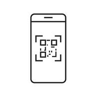 qr Code Scannen Smartphone App linear Symbol. Matrix Barcode Scanner. dünn Linie Illustration. 2d Code Handy, Mobiltelefon Telefon Leser. Kontur Symbol. Vektor isoliert Gliederung Zeichnung
