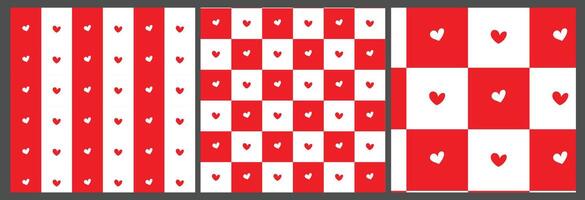checkerboard med hand dragen söt liten hjärta röd och vit mönster sömlös uppsättning. vektor illustration elegant bakgrund för bröllop och valentines dag.